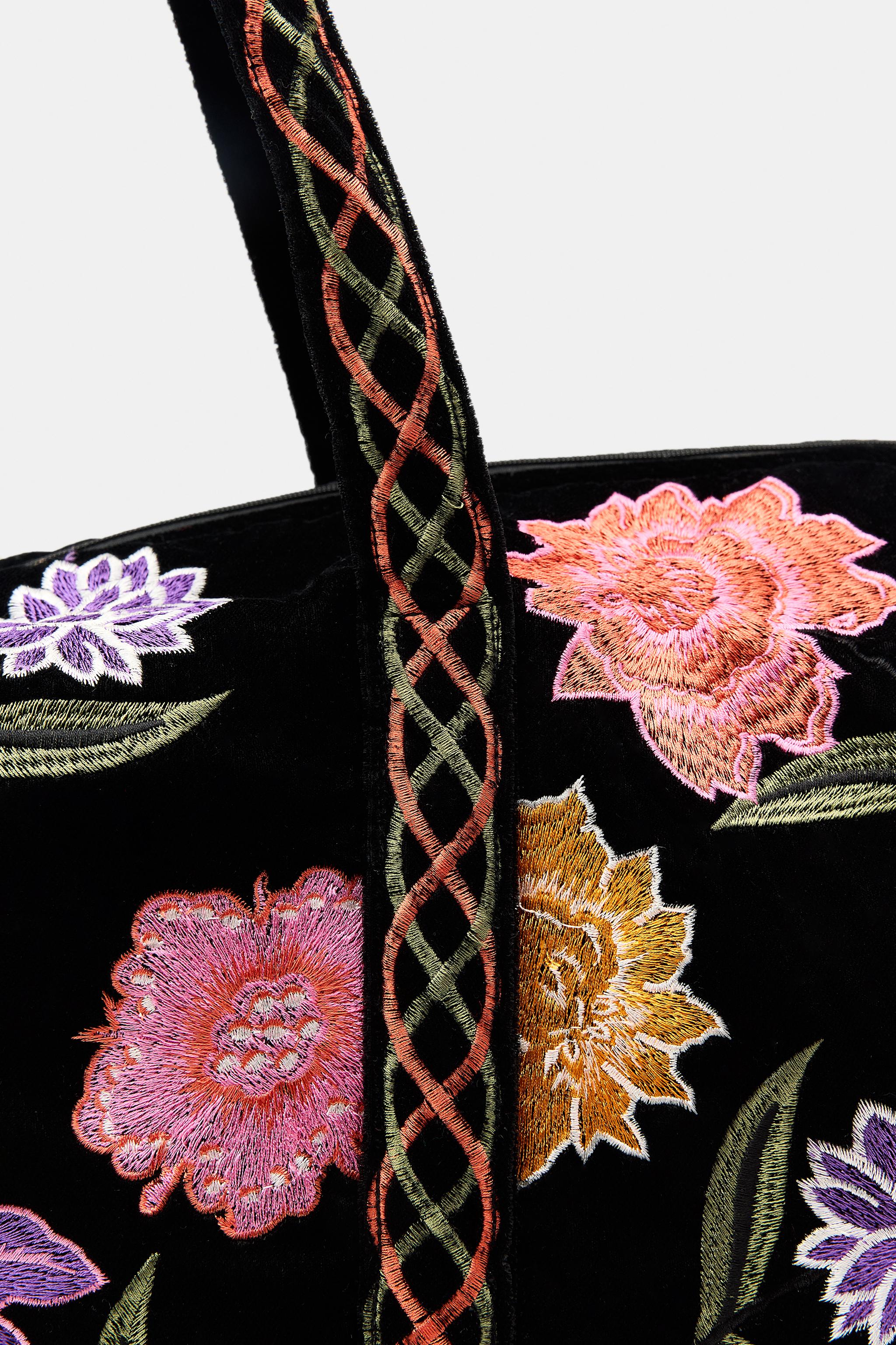 QUILTED VELVET BAG WITH EMBROIDERED FLOWERS